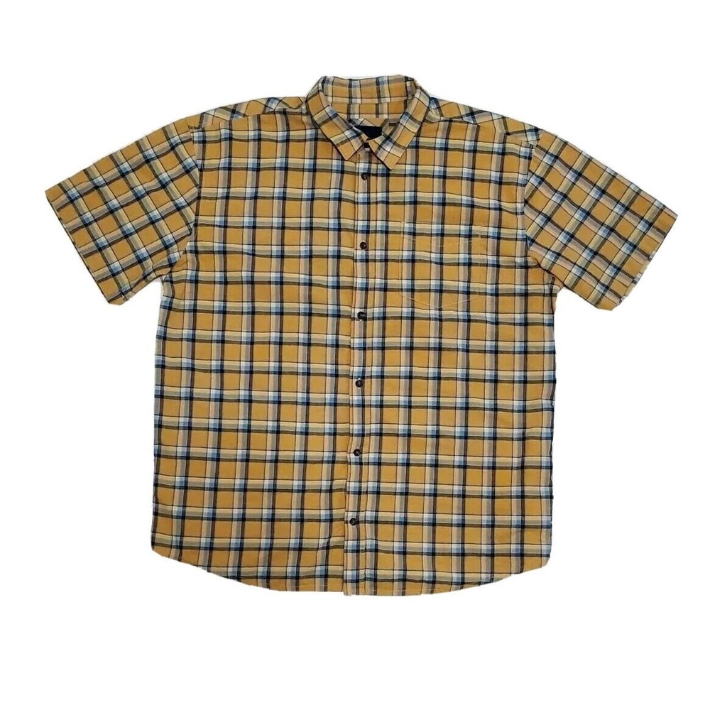 PrAna (Mens Size 2XL) Short Sleeve Button Shirt 100% Organic Cotton Yellow Plaid